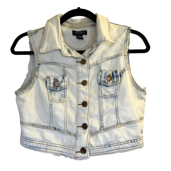 Sale Streetwear Society Women's Jean Vest M Blue Distressed Cropped - Picture 2 of 10
